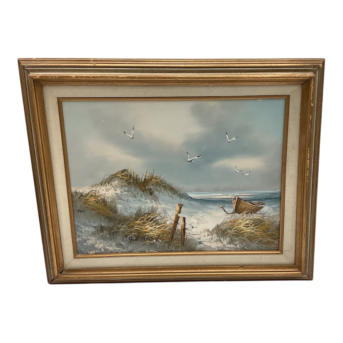 Coastal Scene, Signed, Artist Unknown: Beautiful coastal scene showcasing crashing waves, flying seagulls and an abandoned wooden boat. Dimensions: 17x21