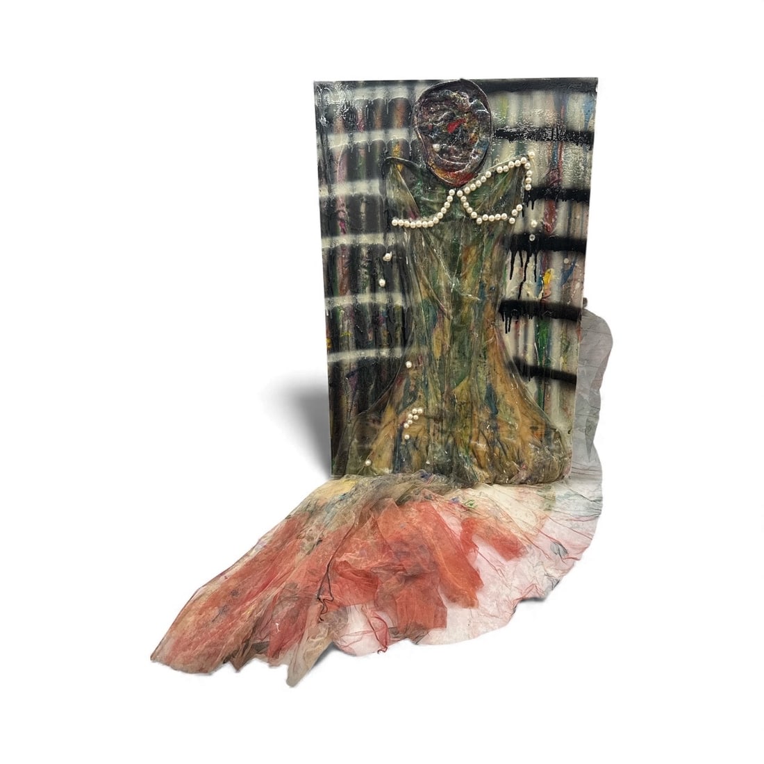 Rape by E. L. Cruz: Striking mixed media assemblage by E. L. Cruz titled Rape, combining painted canvas with a dramatic three-dimensional fabric extension that cascades from the lower edge. The central figure is rendered