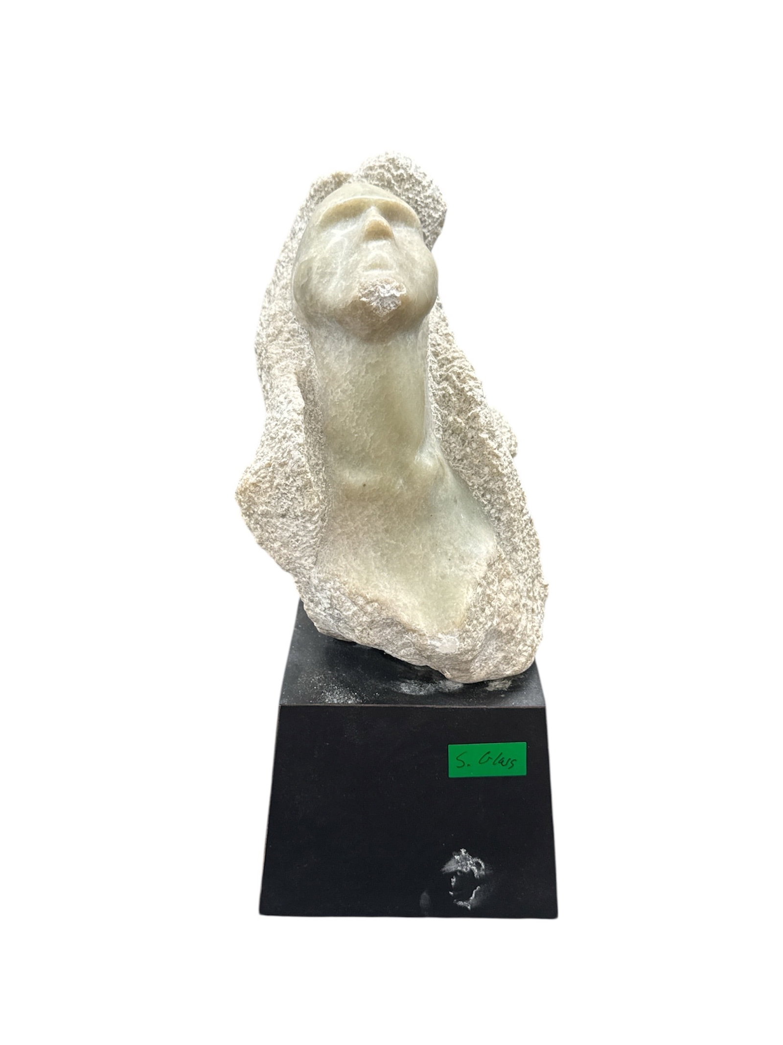Modern Abstract Bust Sculpture with Textured Form: This modern abstract bust sculpture depicts a stylized human head and elongated neck rendered with expressive, textured surfaces. The face is simplified with minimal features, while the surrounding fo