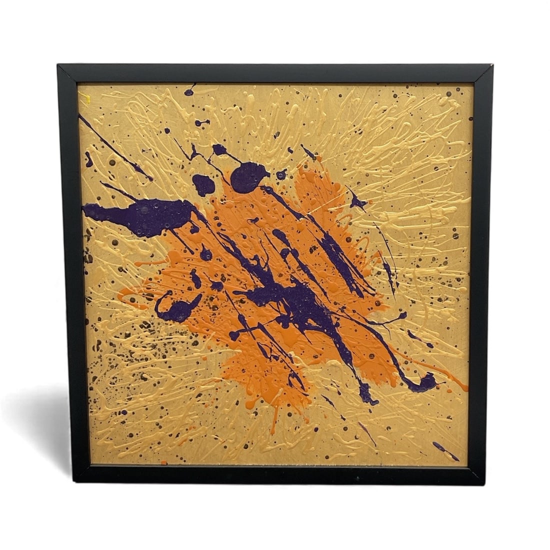 Miguel Angel-Jimenez – Abstract Splash Composition: Bold abstract artwork featuring dynamic splashes of orange and purple over a textured gold background, characteristic of Miguel Angel-Jimenez’s expressive style.Me