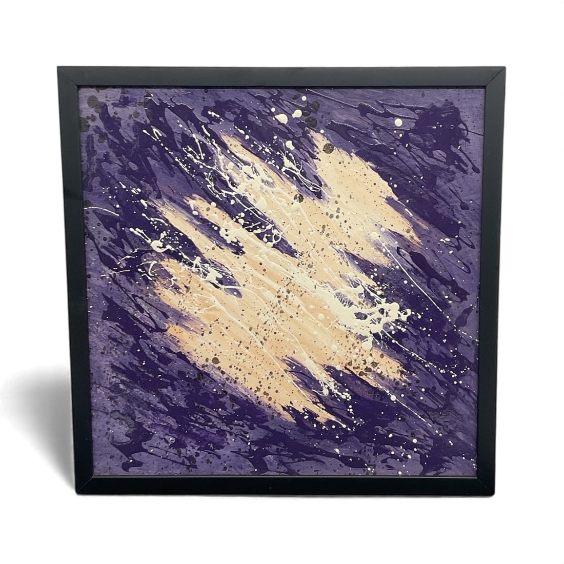 Miguel Angel-Jimenez – Purple and Gold Abstract: Dynamic abstract painting featuring sweeping strokes and splattered textures in deep purple and metallic gold, characteristic of Miguel Angel-Jimenez’s expressive style.