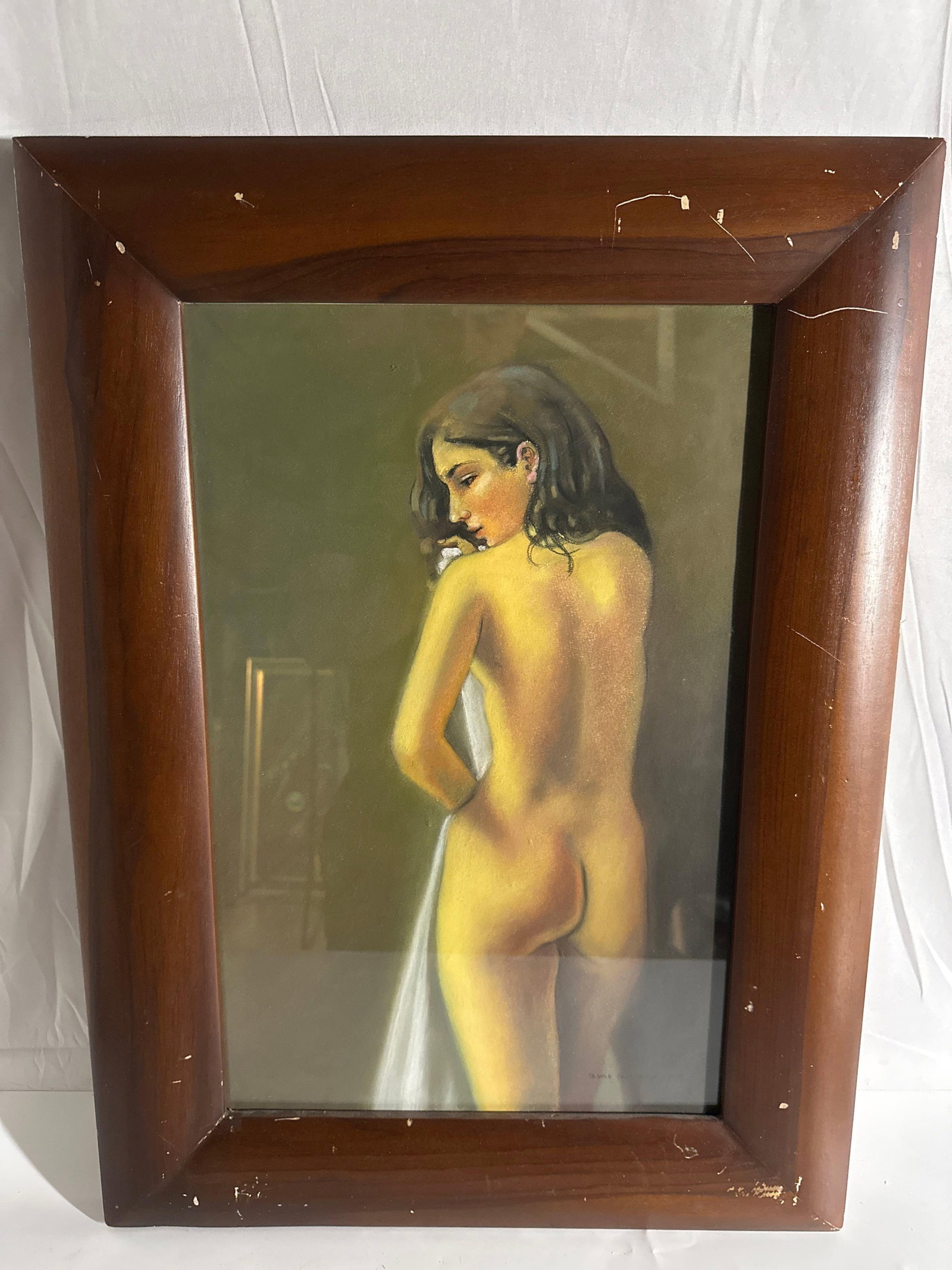 Jaime Calderon (Ecuador, b.1961) Pastel: This artwork by Ecuadorian artist Jaime Calderón features a nude female figure captured with a soft, realistic approach. Calderon is known for his attention to the human form and the play of li