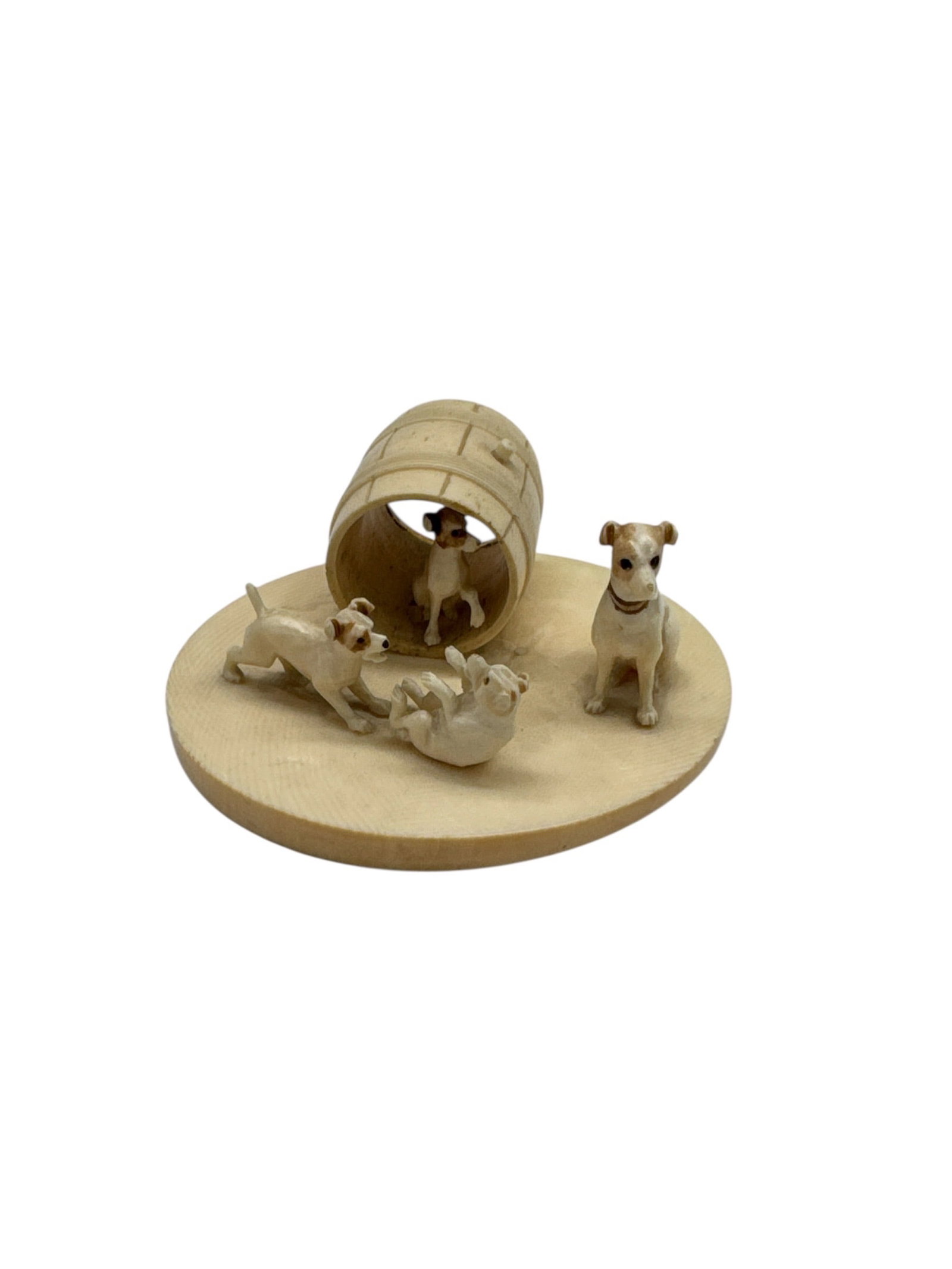 Oriental Carved Miniature Animal Scene Figurine with Barrel, Vintage Decorative Sculpture (1 of 3)