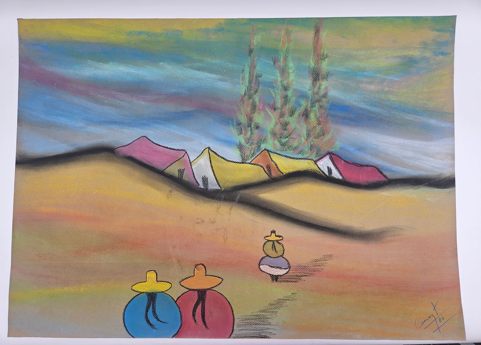 Landscape with Figures by Chavez (Peru, b.1965) Pastel on Canvas: Description: Pastel on canvas by Jose Luis Chavez or Pepe Chavez depicting a landscape with figures. Signed 'Chavez' and dated '06' in the lower right. Dimensions: H:1