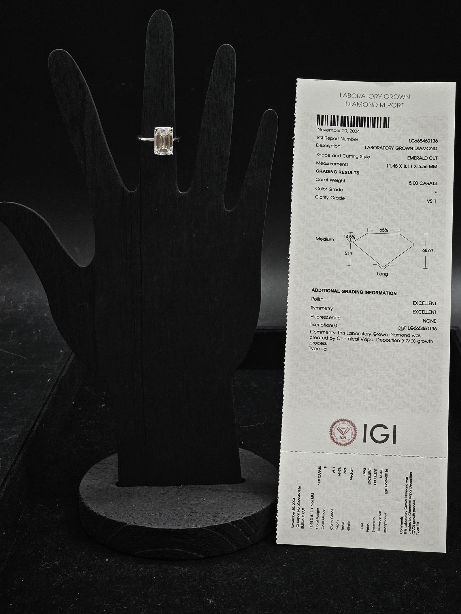 5.00 Carat Lab-Grown Diamond Ring, Emerald Cut – GRA Certified: Show-stopping 5.00 carat lab-grown emerald cut diamond ring, set in a classic 14K white gold solitaire setting. The diamond is graded F color and VS1 clarity, with 