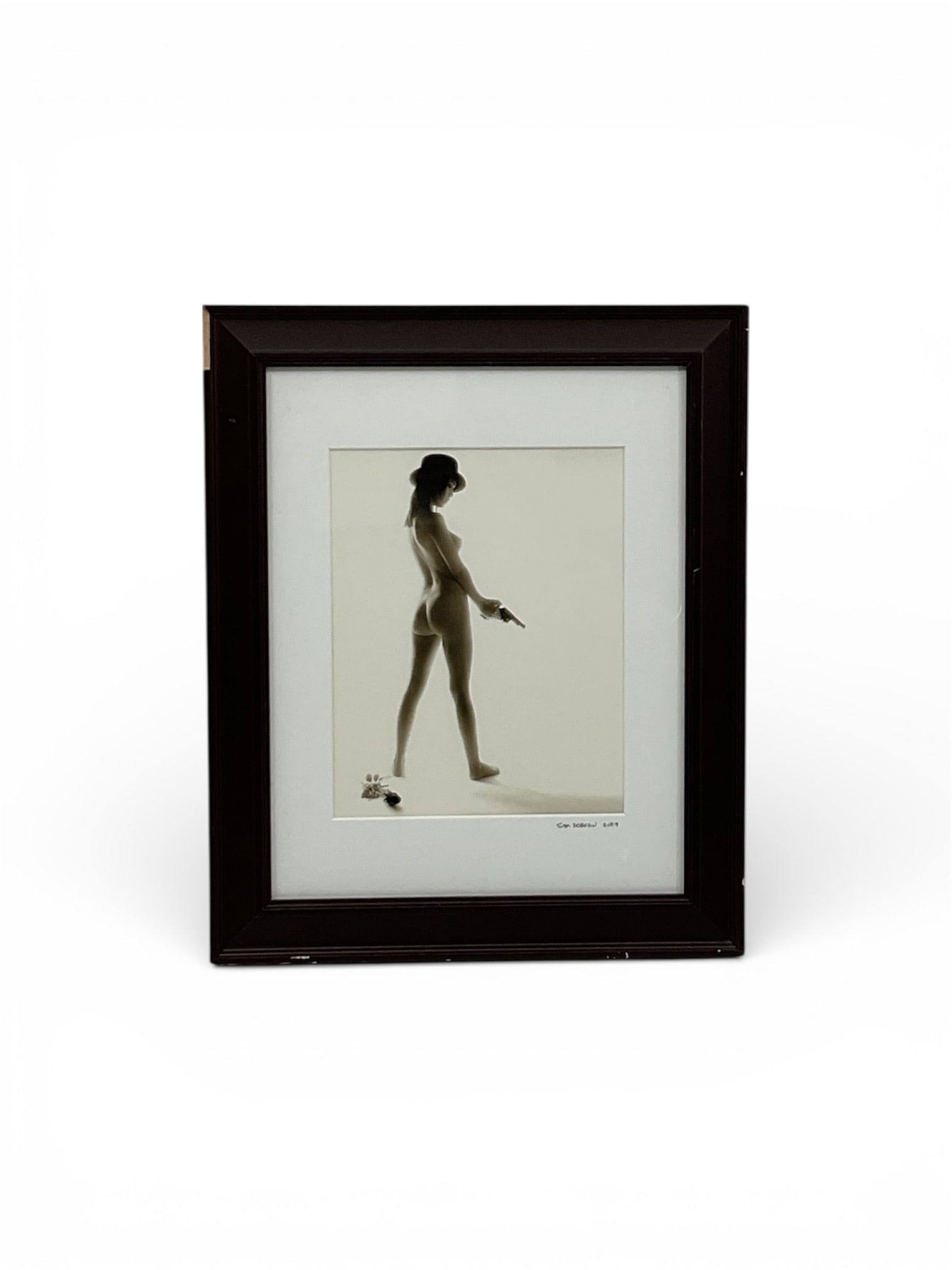 Sam Dobrow Nude Female Figurative Artwork 2009: Figurative artwork by Sam Dobrow dated 2009 depicting a nude female figure shown in profile against a minimal, light-toned background. The composition emphasizes balance, line, and form, with the figu