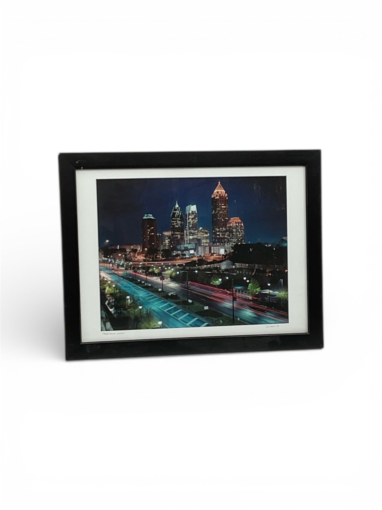 Sam Dobrow Atlanta Skyline Mid-Town Urban Night Scene 2008: Urban night scene artwork by Sam Dobrow titled Atlanta Skyline Mid-Town, dated 2008. The composition captures the Atlanta skyline after dark, with illuminated high-rise buildings rising above streaks