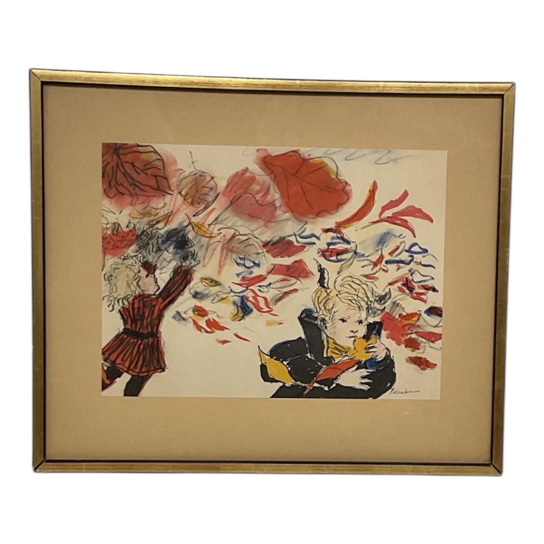 "Children with Autumn Leaves Artwork," American Srtist Irwin Rosenhouse (1924-2002) Signed: This expressive mixed media artwork depicts two children surrounded by swirling autumn leaves, rendered in an energetic and emotive style. The composition combines loose linework with layered color
