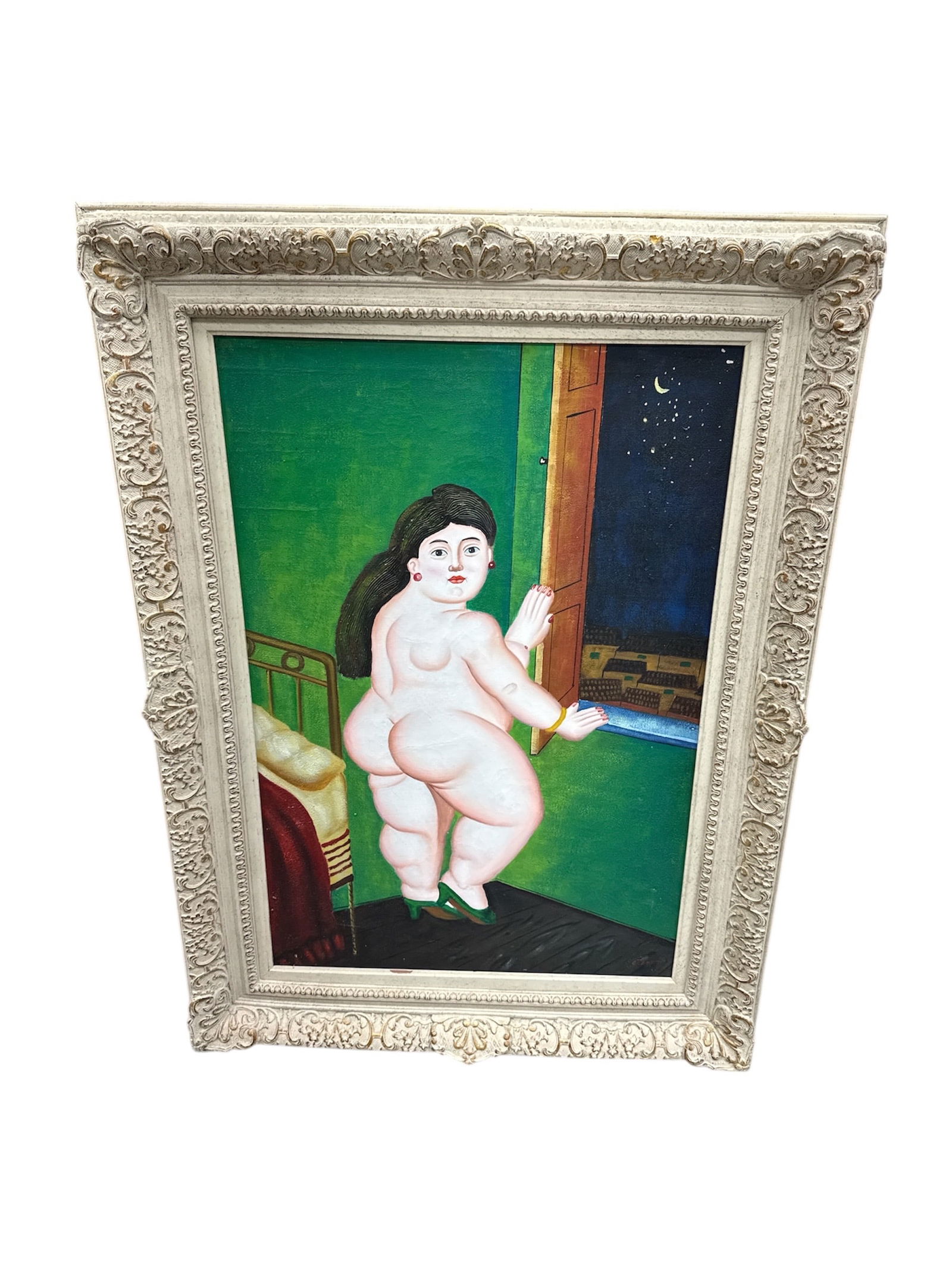After Fernando Botero Style Figurative Nude Interior Painting: Figurative interior painting executed in the manner of Fernando Botero, the renowned Colombian artist celebrated for his signature depictions of exaggerated, voluminous figures. The composition featur