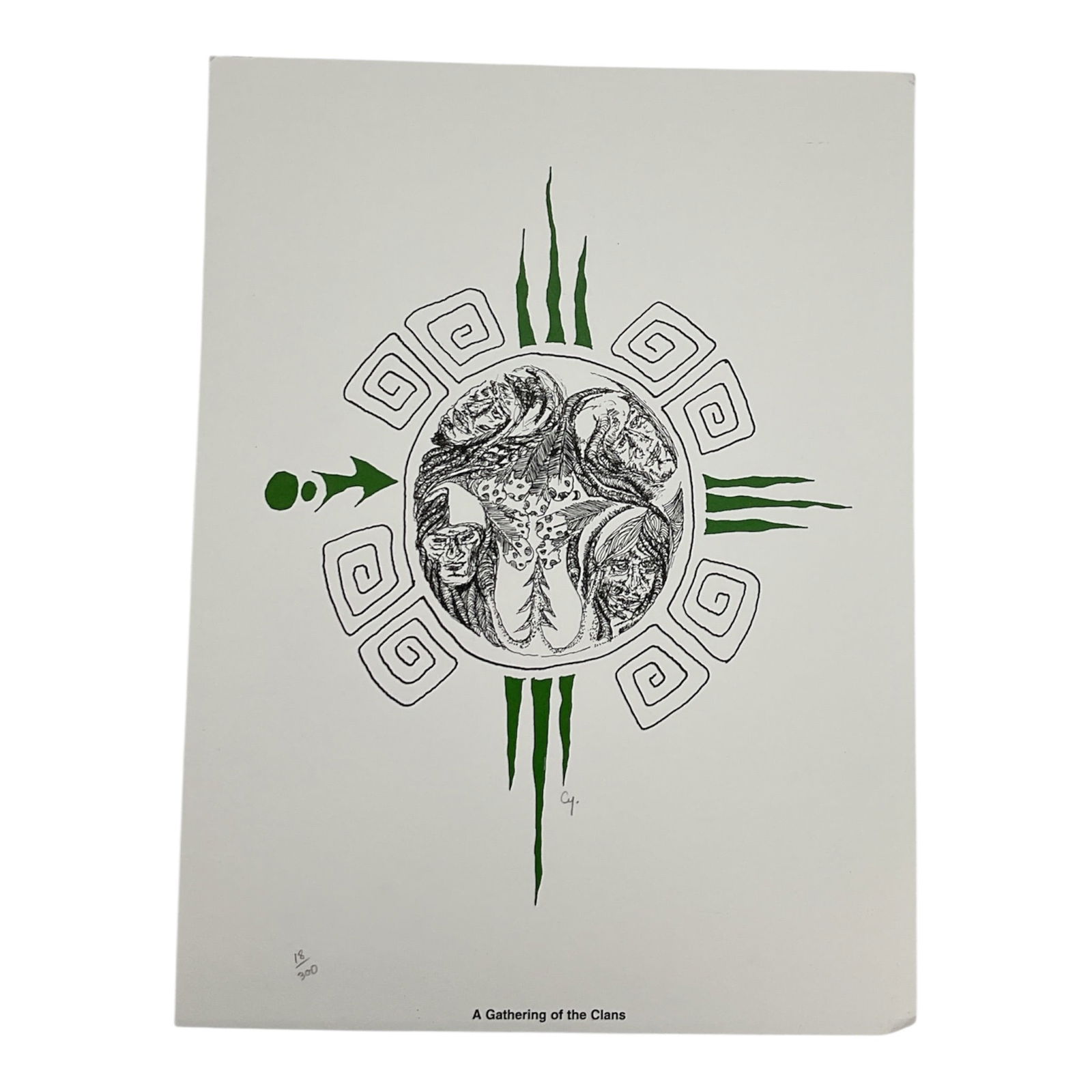 A Gathering of the Clans by Michael Cywink Limited Edition Print: Limited edition print titled A Gathering of the Clans by Indigenous artist Michael Cywink, featuring a central circular composition filled with finely detailed symbolic figures and faces, framed by ge