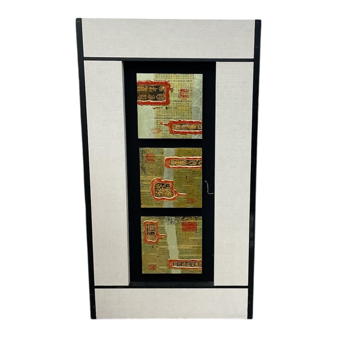 Vertical Mixed Media Collage Panel: Mixed media collage on paper presented as a vertical triptych-style composition, featuring three stacked abstract panels with layered printed text elements, graphic forms, and red and gold accents