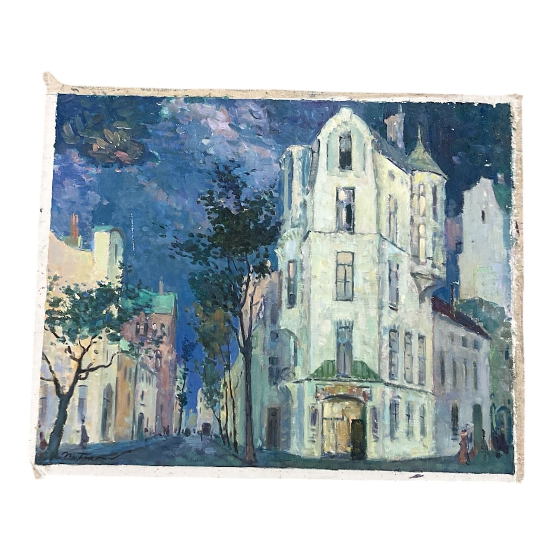 City Street with Buildings at Night: Oil on canvas board depicting an atmospheric urban street scene with tall buildings illuminated against a deep blue evening sky. Expressive brushwork and softened architectural forms create a moody,