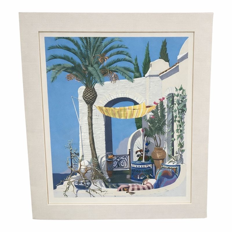 Mediterranean Courtyard Scene John Kiraly: Color lithograph on paper depicting a sunlit Mediterranean courtyard featuring palm trees, classical architectural elements, and lush greenery set against a bright coastal sky. The composition