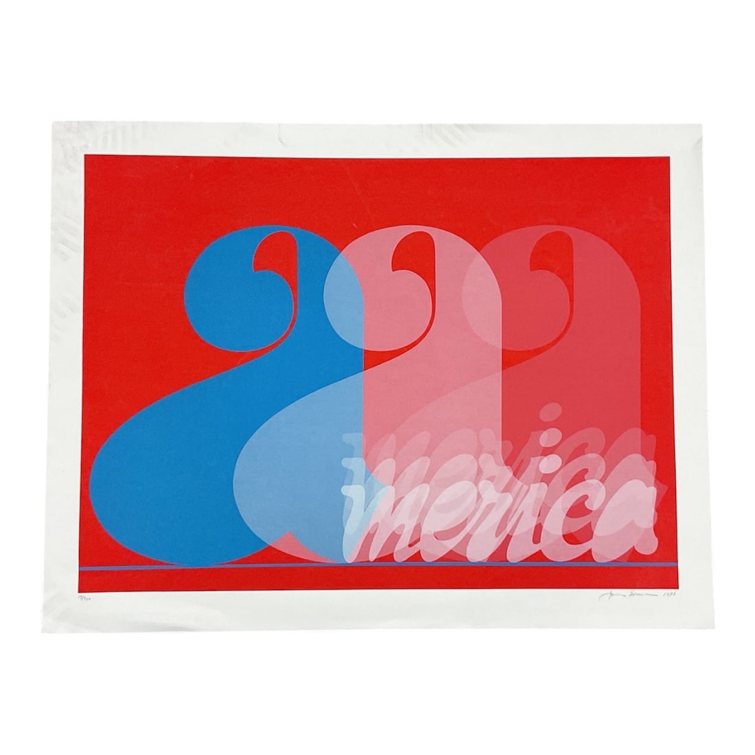 America, 1977 Jack Brusca: Color screenprint on paper, signed and dated 1977 in pencil. From a numbered edition of 200, this example 19/200. The bold graphic composition features layered red, blue, and white forms with the