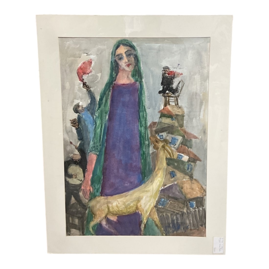 Figural Surrealist Composition in the Style of Marc Chagall: Original mixed media artwork executed in the stylistic tradition of Marc Chagall, featuring a dreamlike figural composition rendered in expressive, fluid brushwork and soft, atmospheric color. The