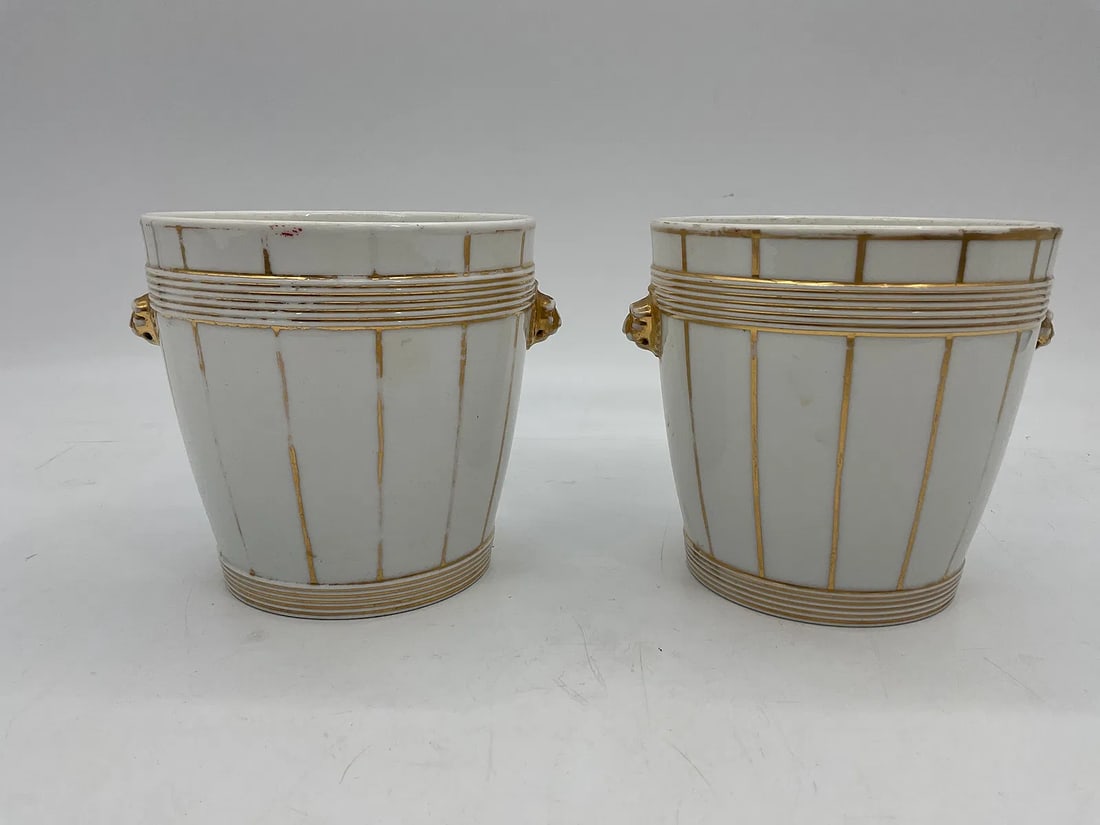 RARE 19th Century French Paris Porcelain Apricot Cachepot Planters & Stands w/ Lion Mask Handles (1 of 5)