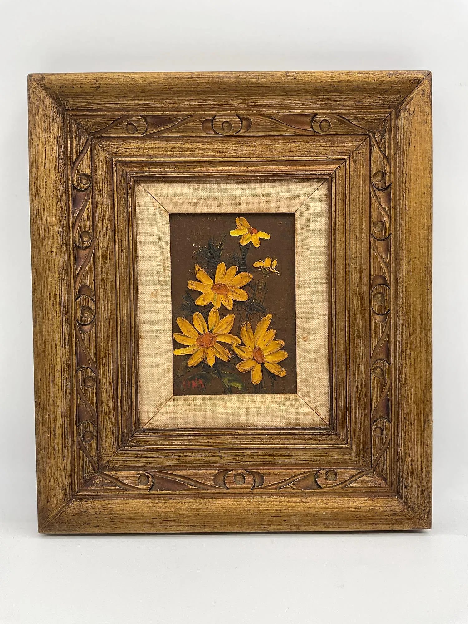 Yellow Daisies Still Life, Signed: Small oil painting featuring a bouquet of textured yellow daisies against a dark brown background. Executed with impasto technique and signed in the lower left corner, though signature is not clearly