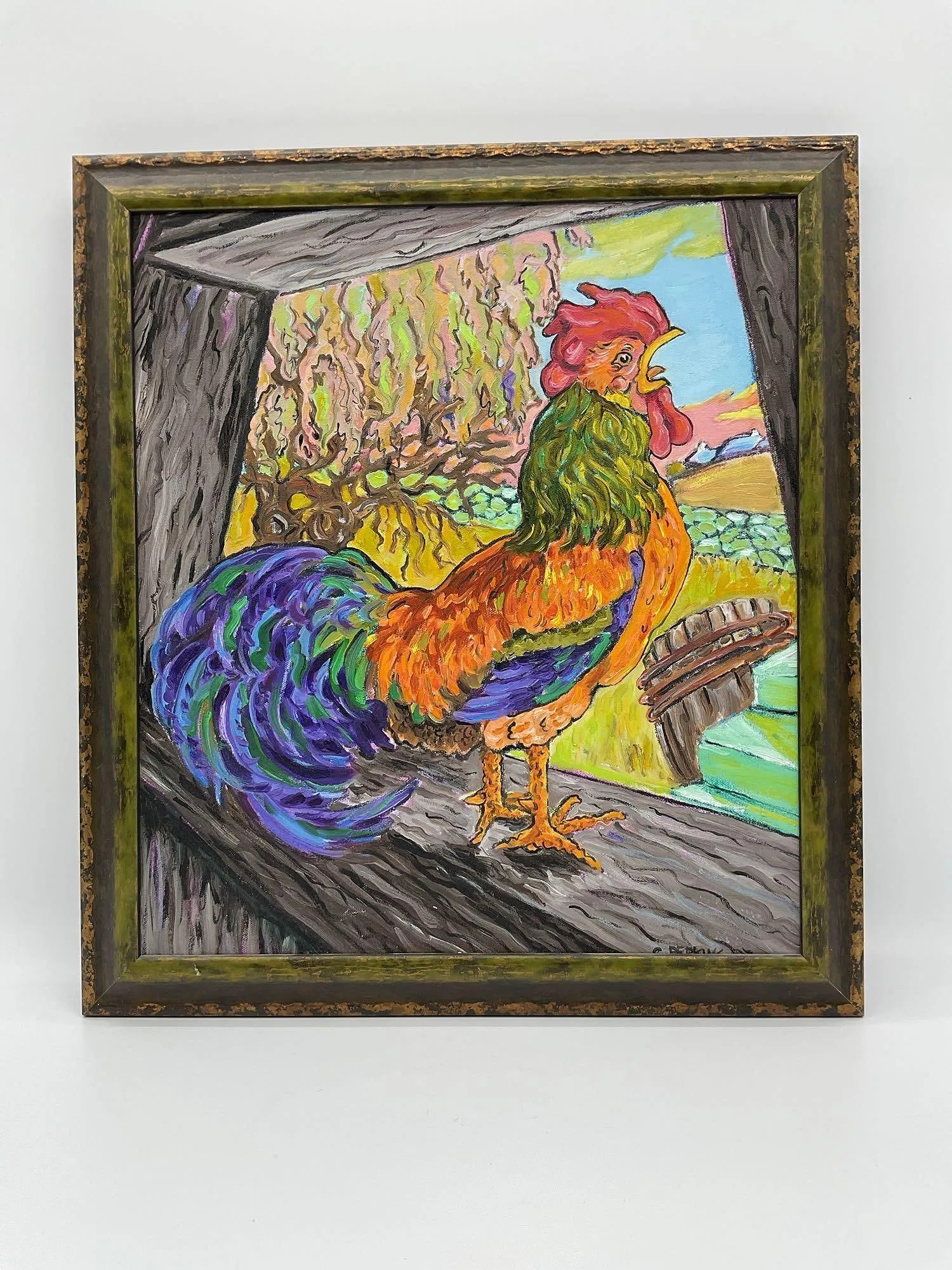 Colorful Rooster on a Fence by Cindy Perkins: Vibrant framed painting of a rooster perched on a wooden fence, with exaggerated, colorful plumage in orange, green, blue, and purple hues. The whimsical background features a winding tree and a