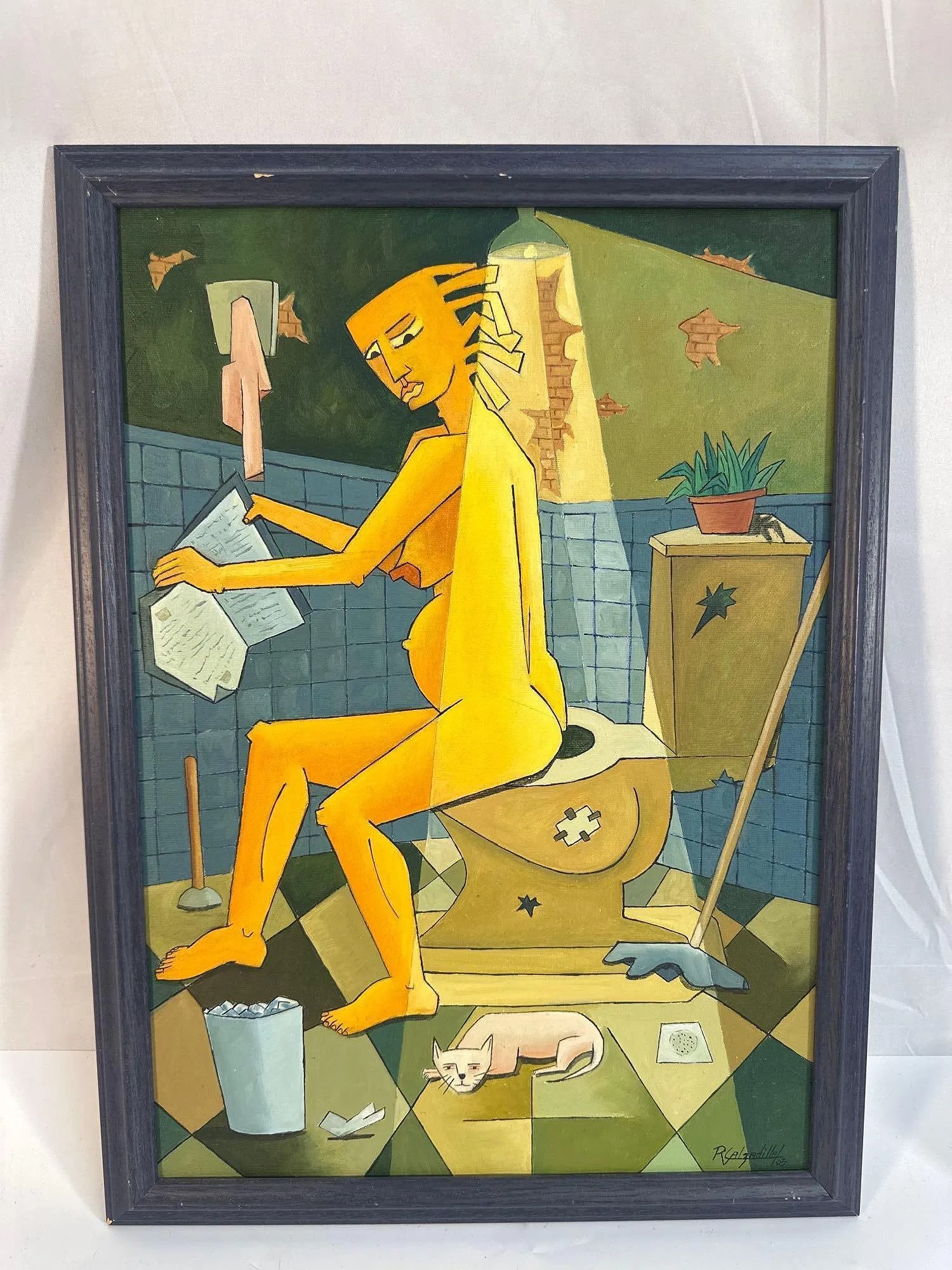 Ramon Calzadilla (Cuban) Oil on Canvas: This painting by Cuban artist Ramon Calzadilla features a bold and surreal representation of a figure in a bathroom setting. The geometric shapes, vibrant colors, and distorted proportions are