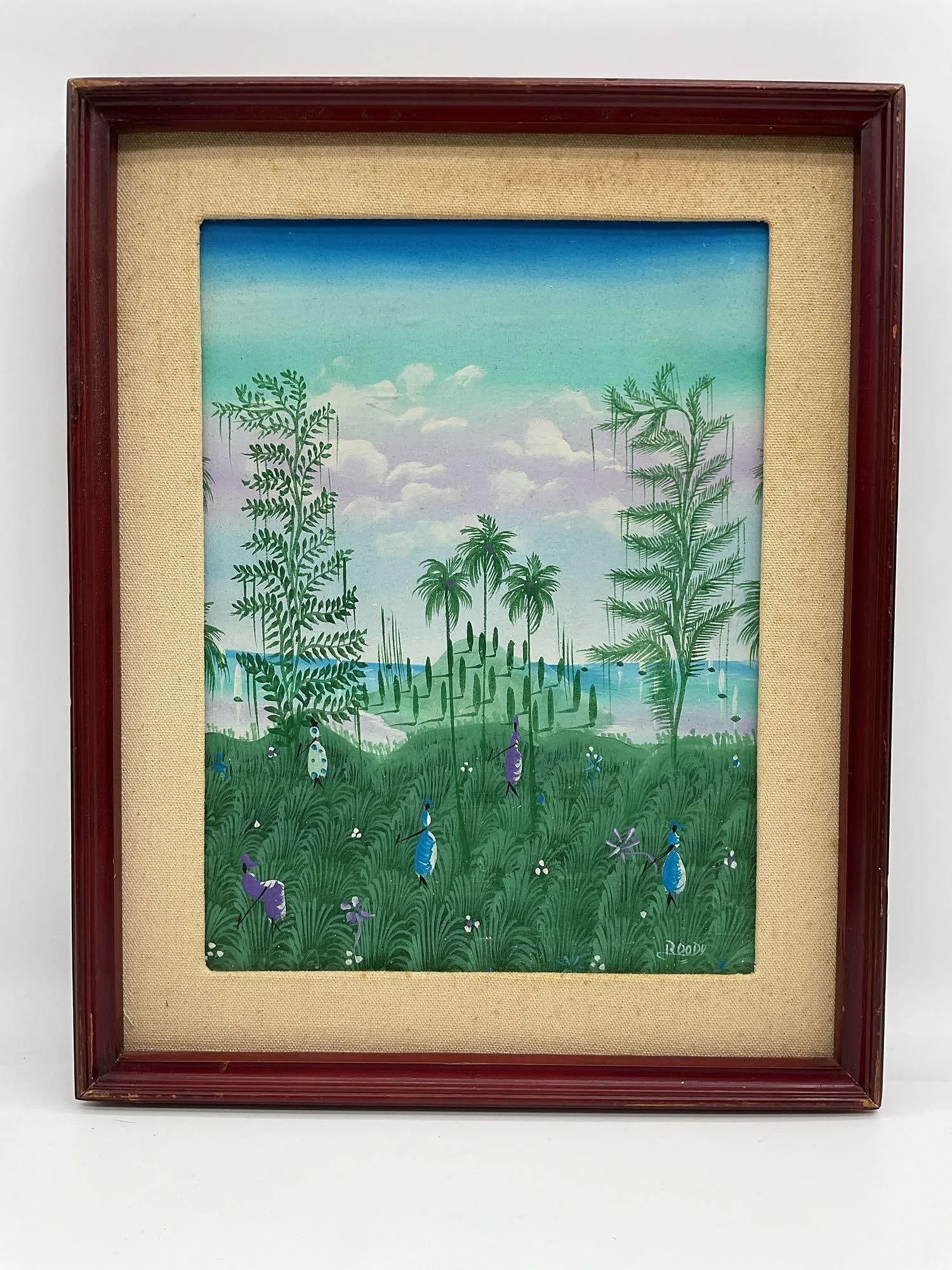 Haitian Jungle Landscape Roody Saincila (Haitian, b. 1987) Painting: Artist: Roody SaincilaDescription: Original painting signed "Roody" featuring a lush tropical forest, figures in the foreground, and distant boats along a river. Rich green and blue palette