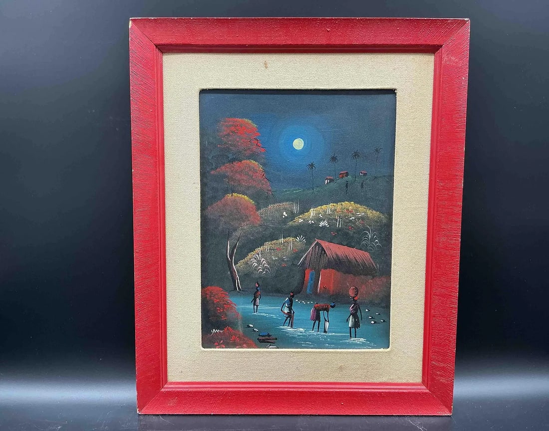 Night Sky - By Yvon: Artist: Yvon Description: Atmospheric night scene depicting villagers at a riverside hut under a full moon, surrounded by glowing hills and red-leaved trees. Signed “Yvon” in the lower