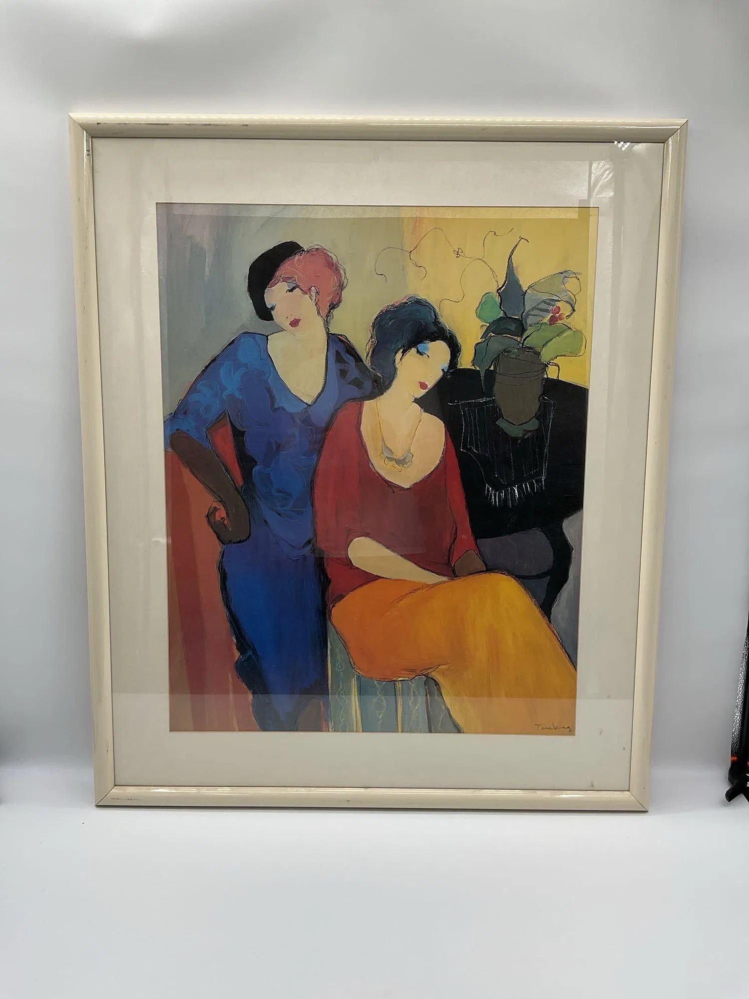 "Waiting" by Itzchak Tarkay (Israeli, 1935-2012) Lithograph: A colorful figurative print of two elegantly dressed women in a domestic interior, featuring bold, expressive brushwork and vibrant palette. The composition includes a potted plant and patterned