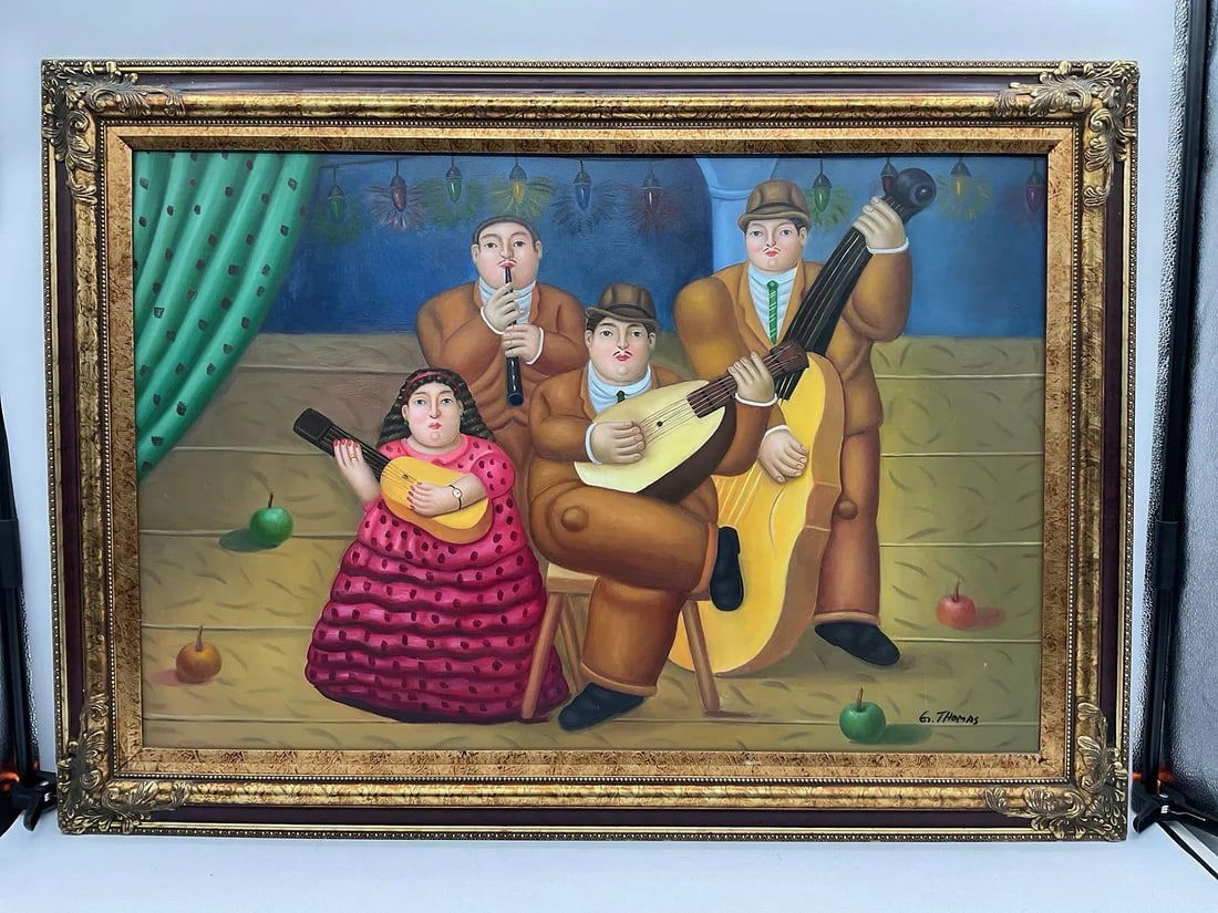 Musical Ensemble by G. Thomas Oil on Canvas: A vibrant and whimsical painting of five stylized musicians on stage, dressed in brown and pink, playing string instruments and a flute. The figures are rendered in a plump, exaggerated manner