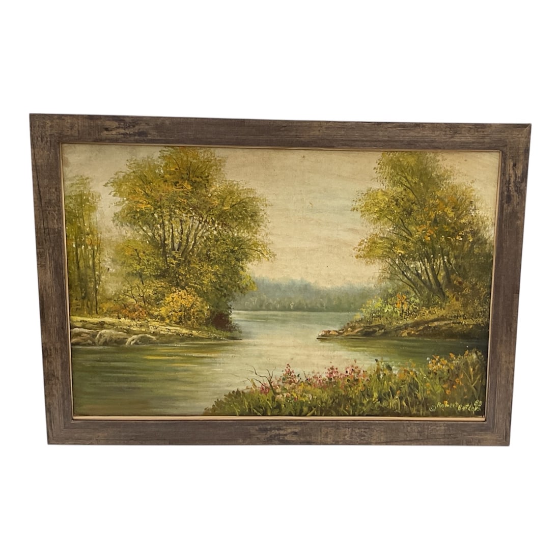 "Autumn River" by Robert Butler (American, 1943-2010) Oil on Canvas: Description: A vintage original oil painting by the celebrated Florida Highwaymen artist Robert Butler (American, 1943-2014). This work captures the tranquil backwoods and river