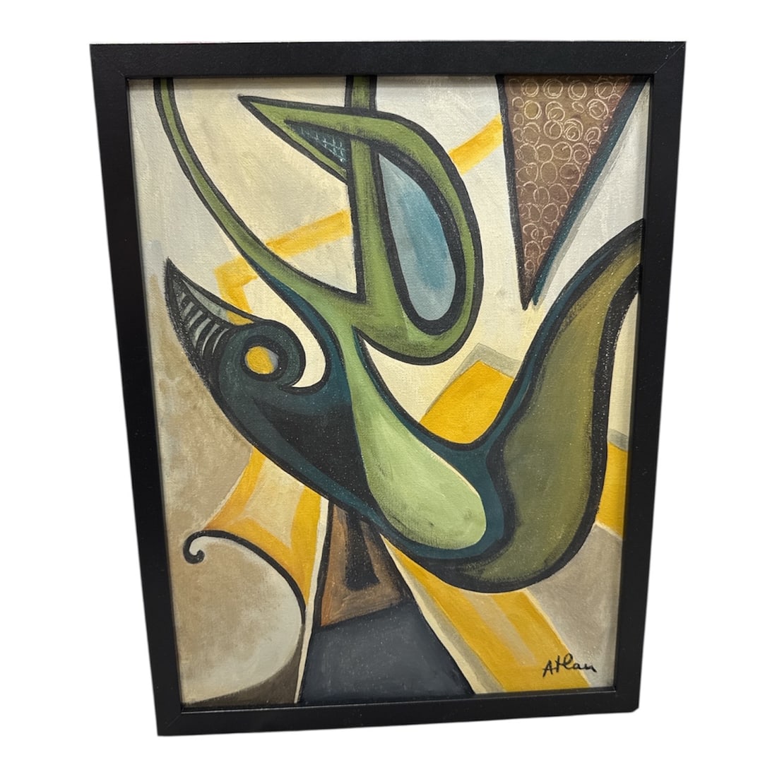 Jean Atlan Signed Abstract Modernist Bird Form Painting Framed: Striking original abstract modernist painting signed Jean Atlan, featuring a bold stylized bird-like form rendered in rich greens, blues, and warm geometric accents. The composition reflects mid-centu