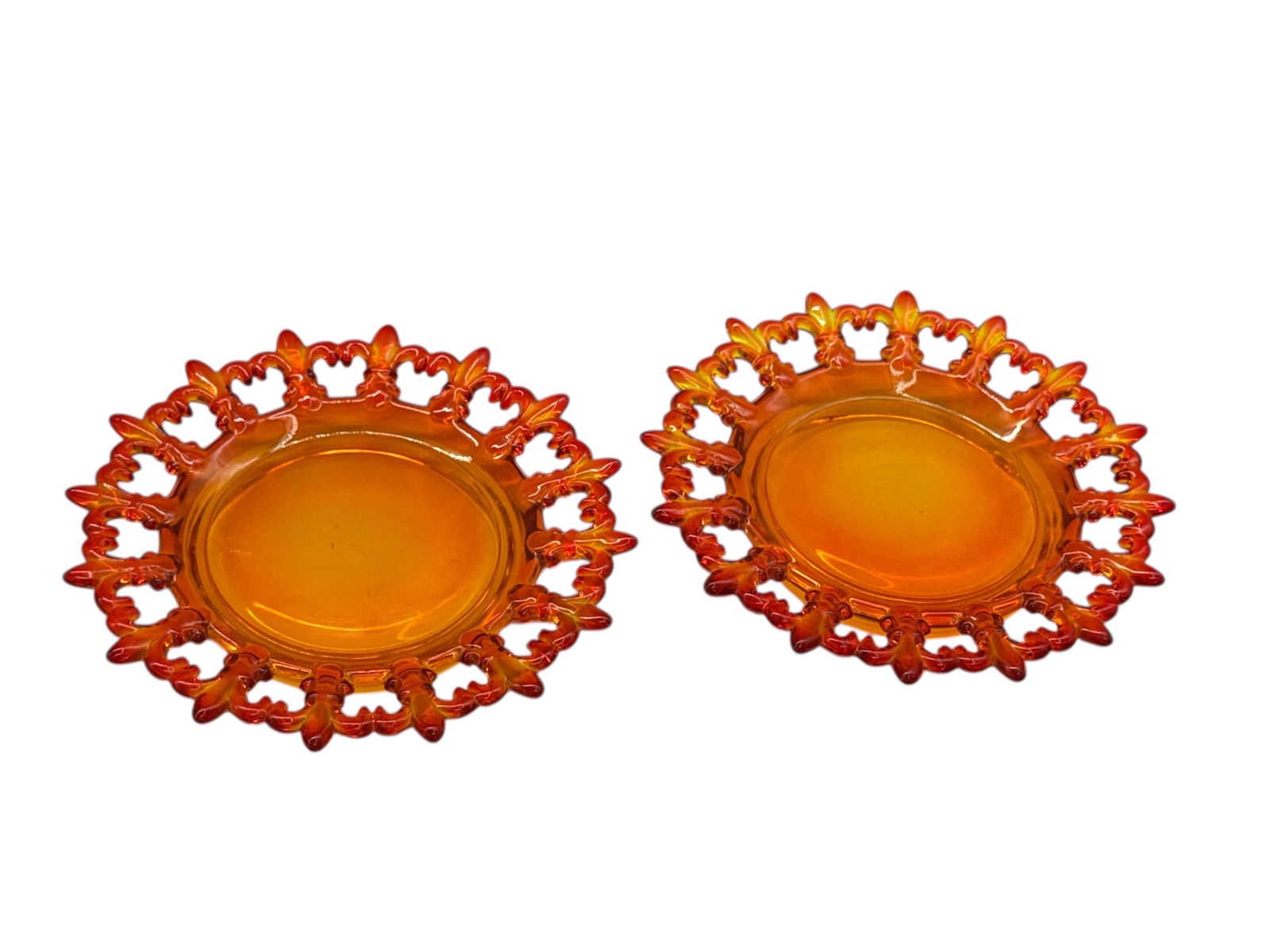 Pair of Vintage Amber Orange Glass Plates with Fleur-de-Lis Pierced Rim (1 of 4)