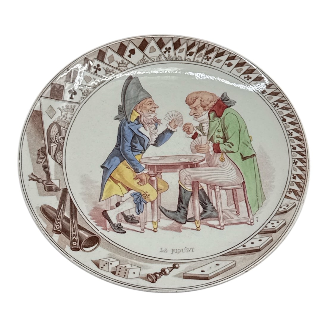 French Sarreguemines Decorative Plate Le Piouet with Card Game Scene (1 of 2)