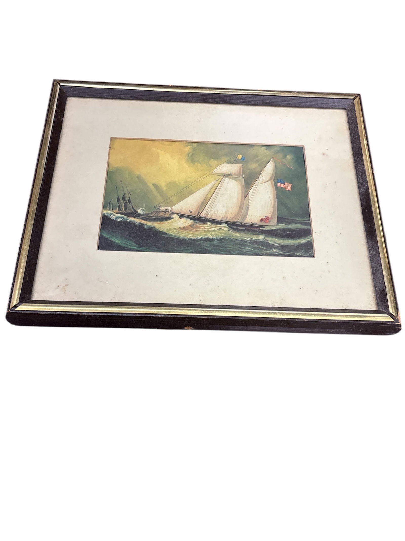 Vintage Framed Nautical Print: Dynamic Seascape with Two Schooners (1 of 3)