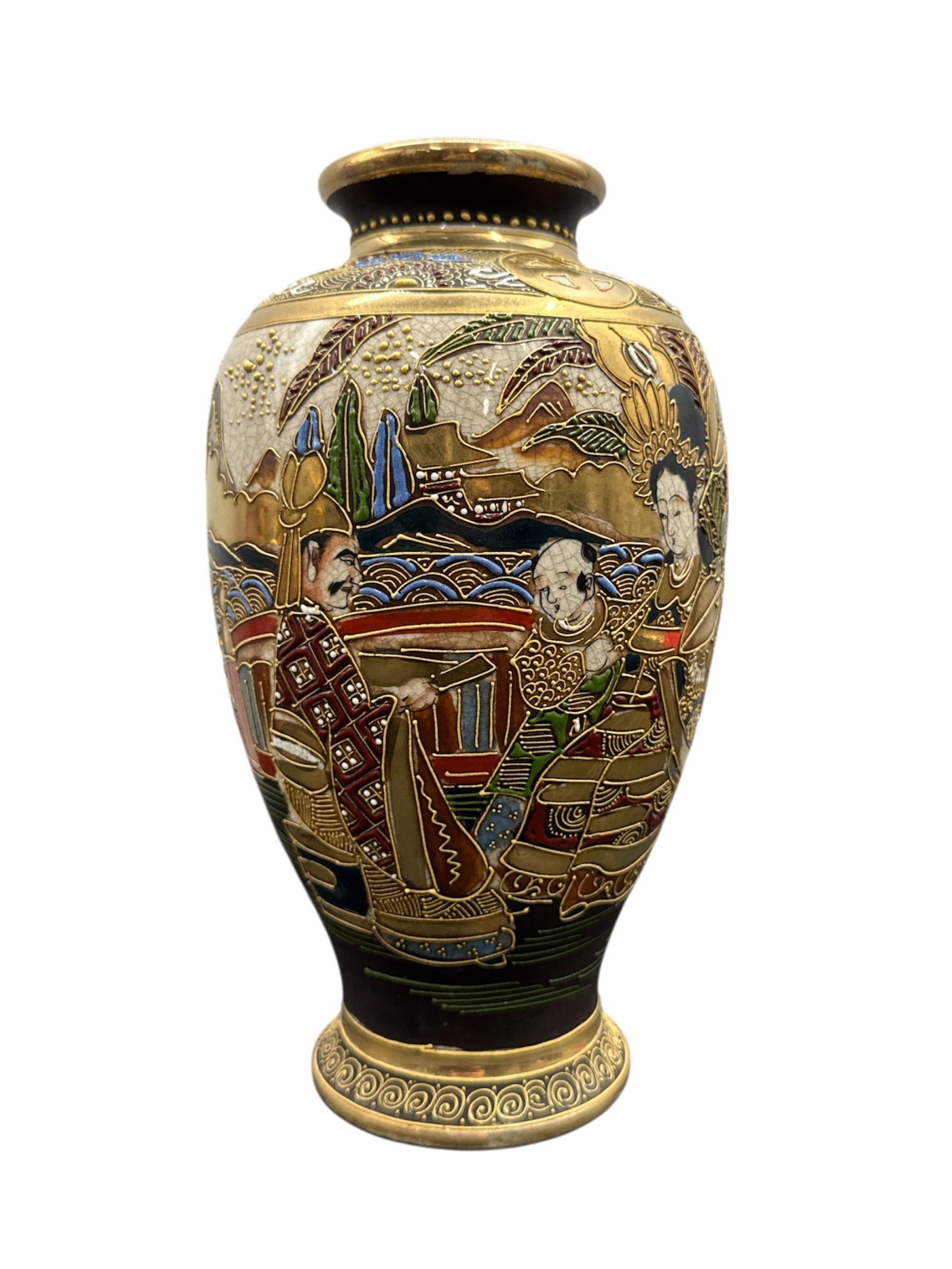Japanese Satsuma Style Vase with Raised Immortals and Scenic Decoration (1 of 4)