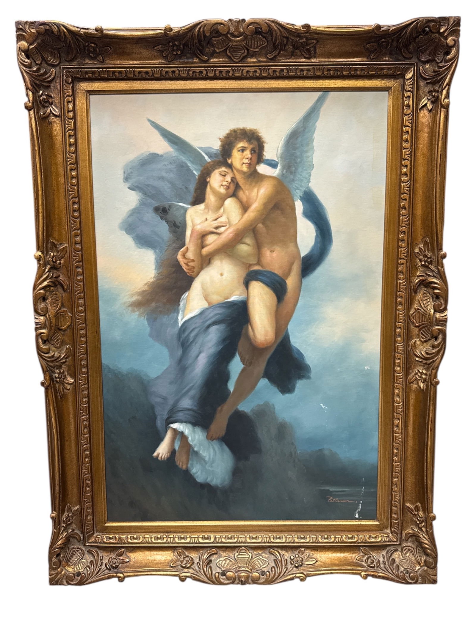 The Abduction of Psyche after French academic painter William-Adolphe Bouguereau.: Dramatic large-scale figurative painting depicting a romantic embrace between two nude figures set against an ethereal backdrop with angelic wings. Rendered in a classical fantasy-inspired style with