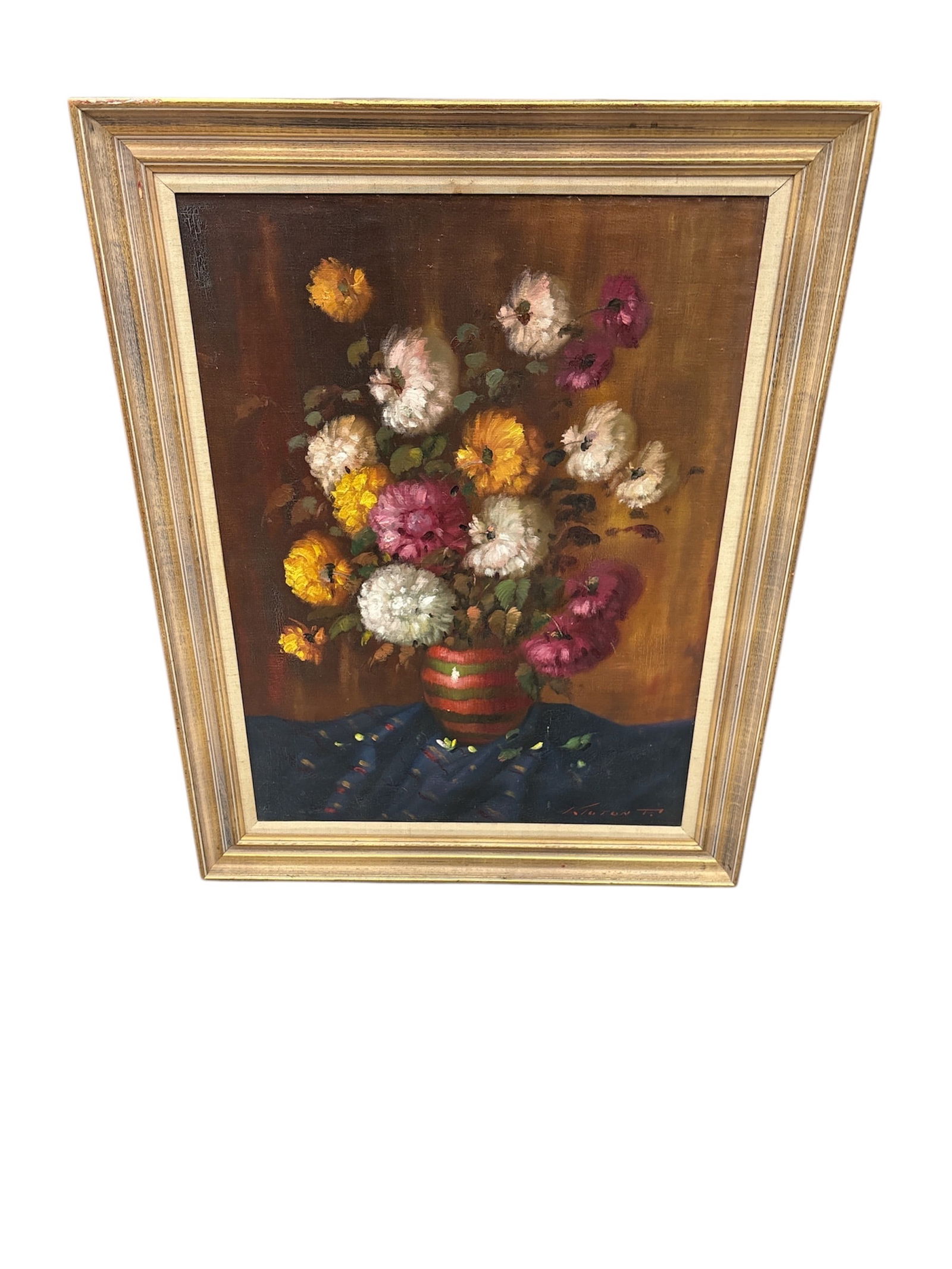 Vintage Signed Oil on Canvas Floral Still Life Painting, Impasto Mums Chrysanthemums, Ornate (1 of 4)