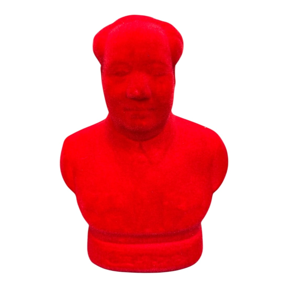 Red Velvet Mao Zedong Bust Bank Figurine: This striking red velvet-covered bust depicts Mao Zedong in a classic commemorative portrait form. The sculpture is finished in a bold flocked red surface and includes a coin slot at the back, indicat