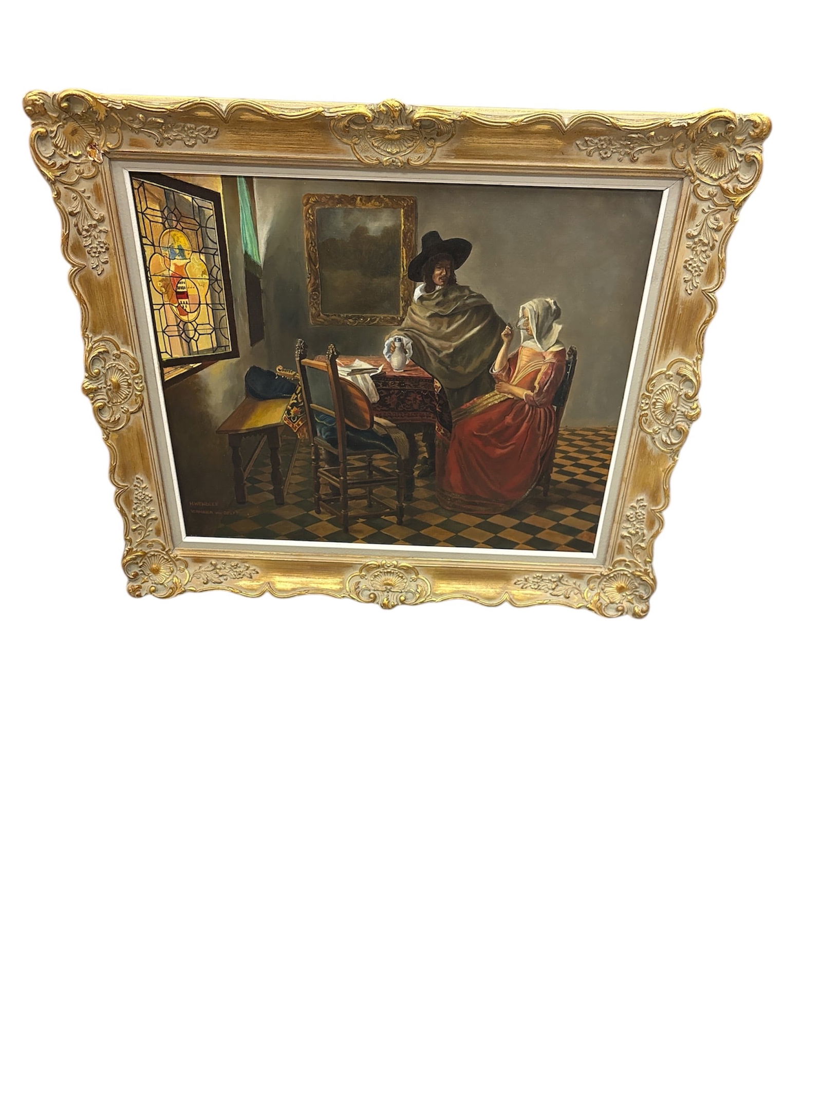 "The Glass of Wine" (After Johannes Vermeer, 17th Century), Signed H. Wendler (1 of 4)