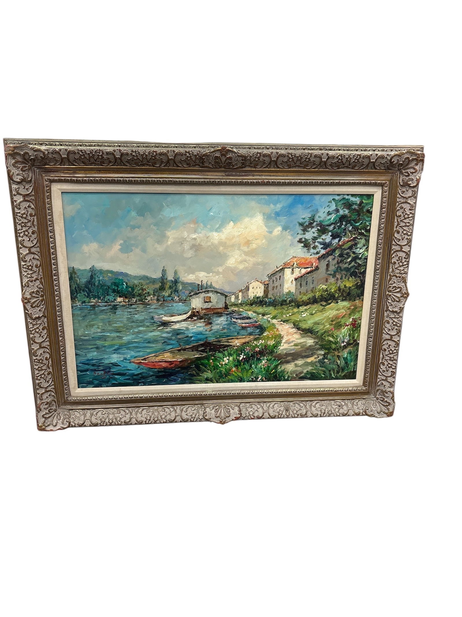 Signed V. Bergen Vintage Impressionist Oil Painting: Textured European Lakeside Village Scene (1 of 4)