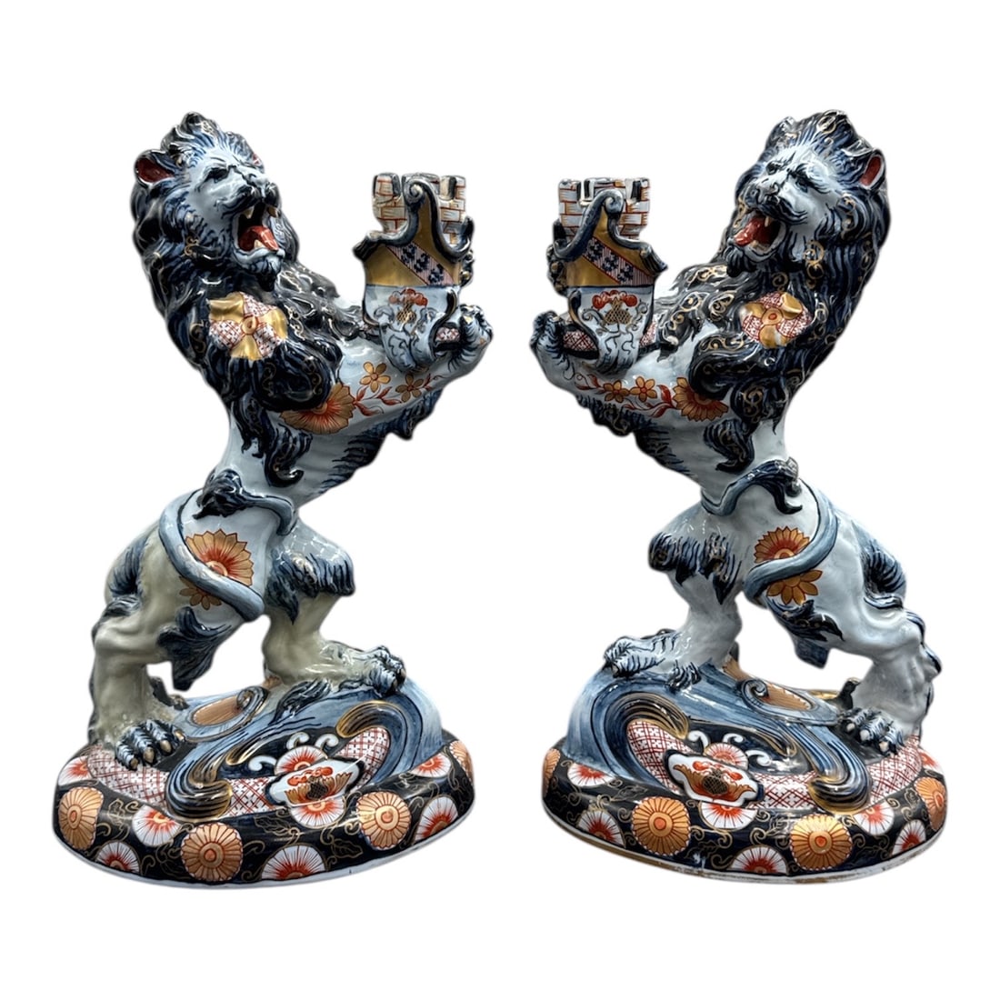 Rare Pair of Antique French Émile Gallé Faience "Heraldic Lion" Candelabra, Signed E. Gallé (1 of 4)