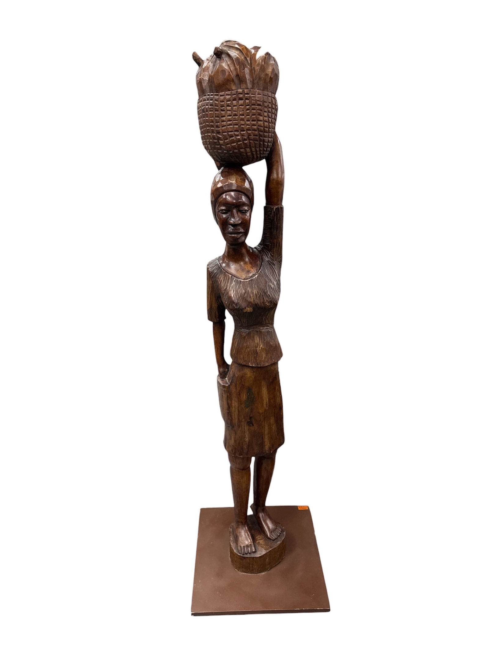 Large Carved Wooden Sculpture of African Woman Carrying Basket (1 of 4)