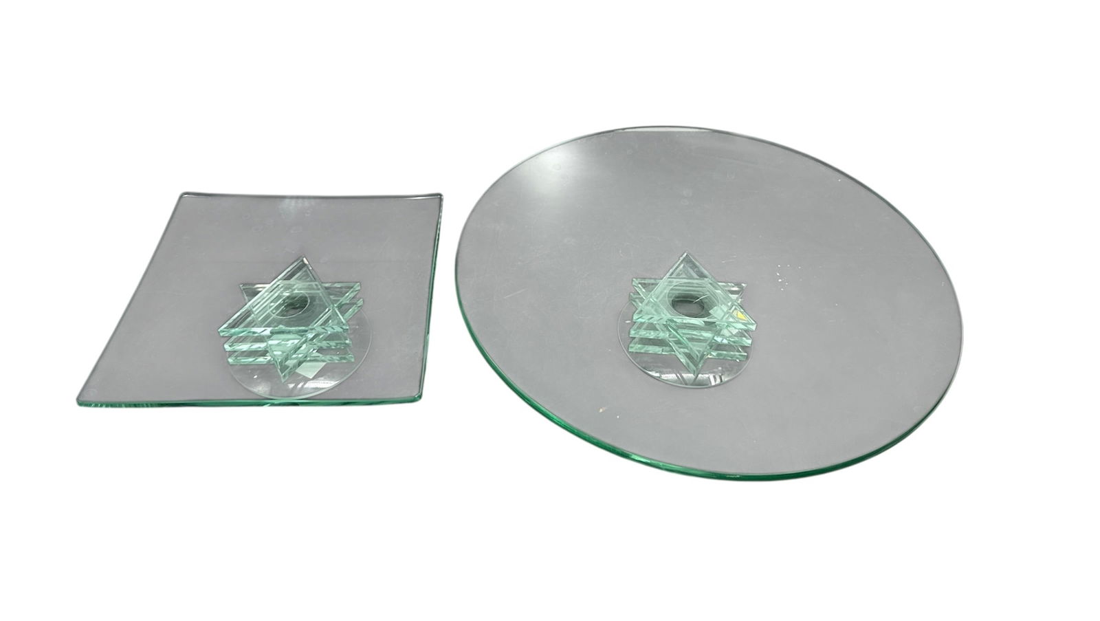 Pair of Modern Glass Serving Platters with Stacked Geometric Base (1 of 5)