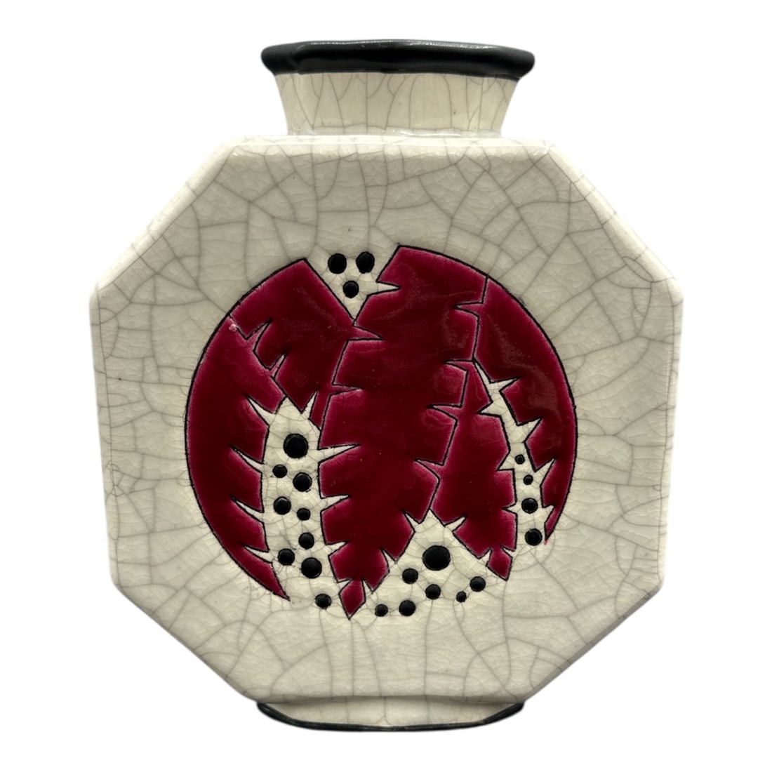 Longwy French Art Pottery Octagonal Vase with Pomegranate Motif: Description A striking example of French Art Deco ceramic design, this octagonal vase was produced by the renowned Faïenceries et Émau