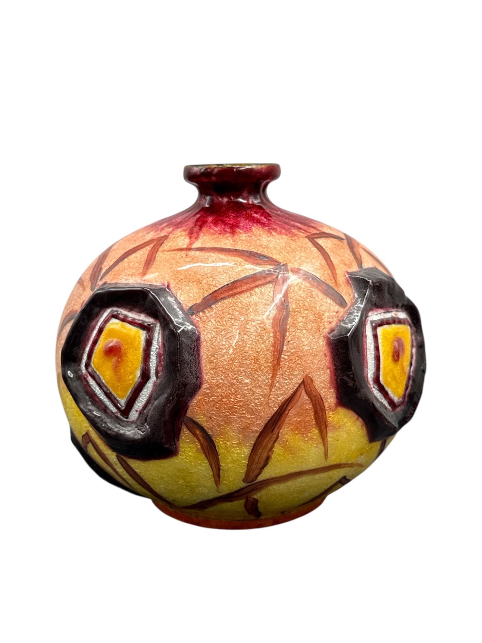 RARE & SIGNED Camille Fauré (1874-1956) French Art Deco Limoges Enamel Vase on Copper, c. 1930: Description A highly collectible and authentic Camille Fauré Limoges enamel vase, dating from the height of