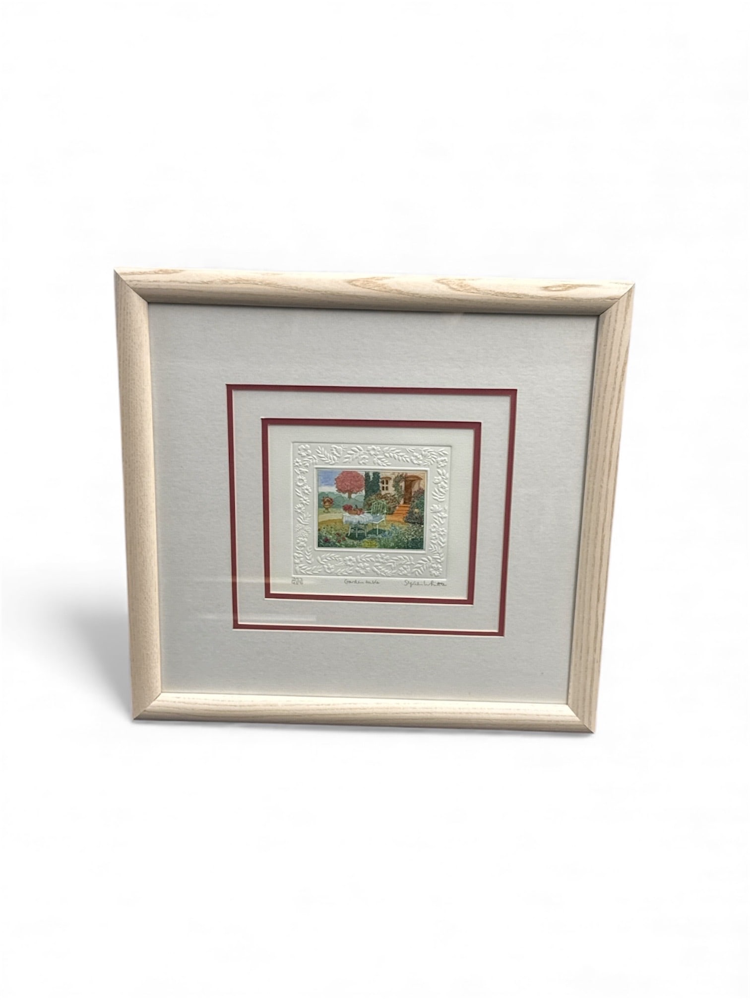 "Garden Table" by Stephen White (England, 1953-2000) Etching: Stephen Whittle embossed print titled 'Garden Table,' numbered 392/450. Limited edition and hand signed. Features a garden scene with a table and chairs. Framed and glazed. Dimensio