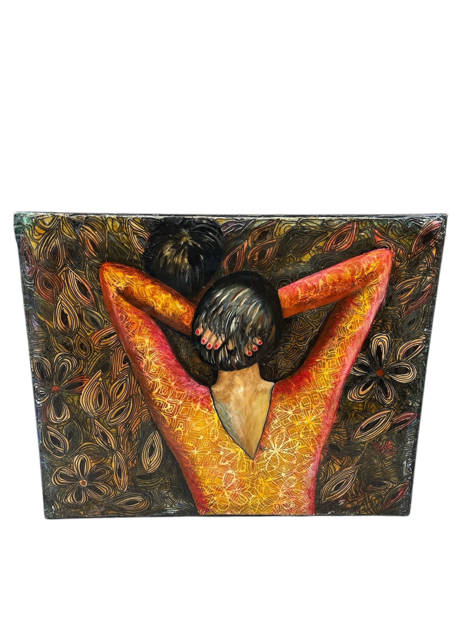 Before The Curtain Rises, Ashley Joi: The artwork features a woman from behind, with her hands clasped behind her head, relaxing against a highly textured, warm-toned background filled with abstract, swirling patterns that resemble foliag