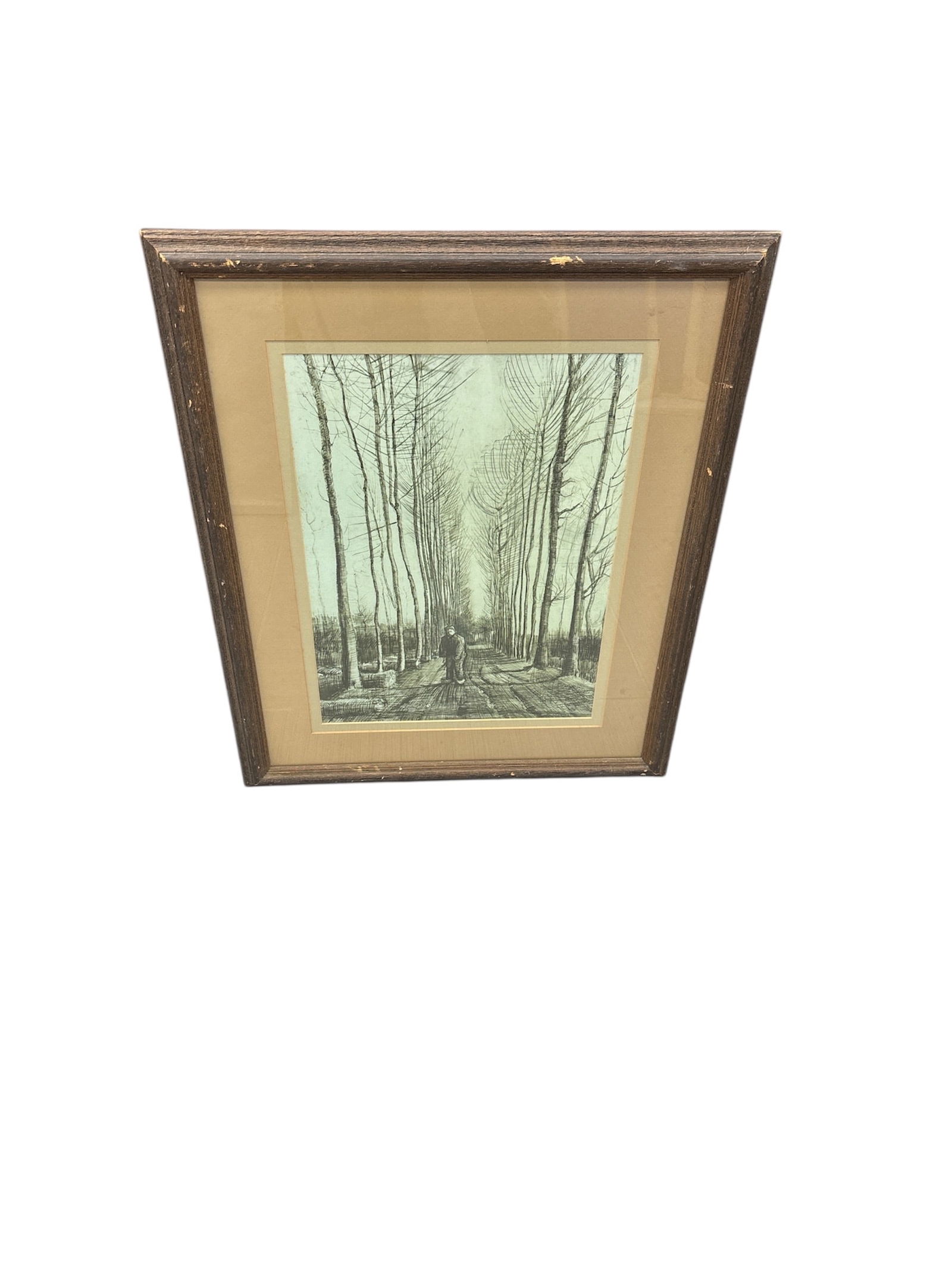 Vintage Framed Print: Vincent van Gogh, The Road with Poplars: Description This is a framed, vintage print reproduction of the renowned Dutch Post-Impressionist artist Vincent van Gogh's</