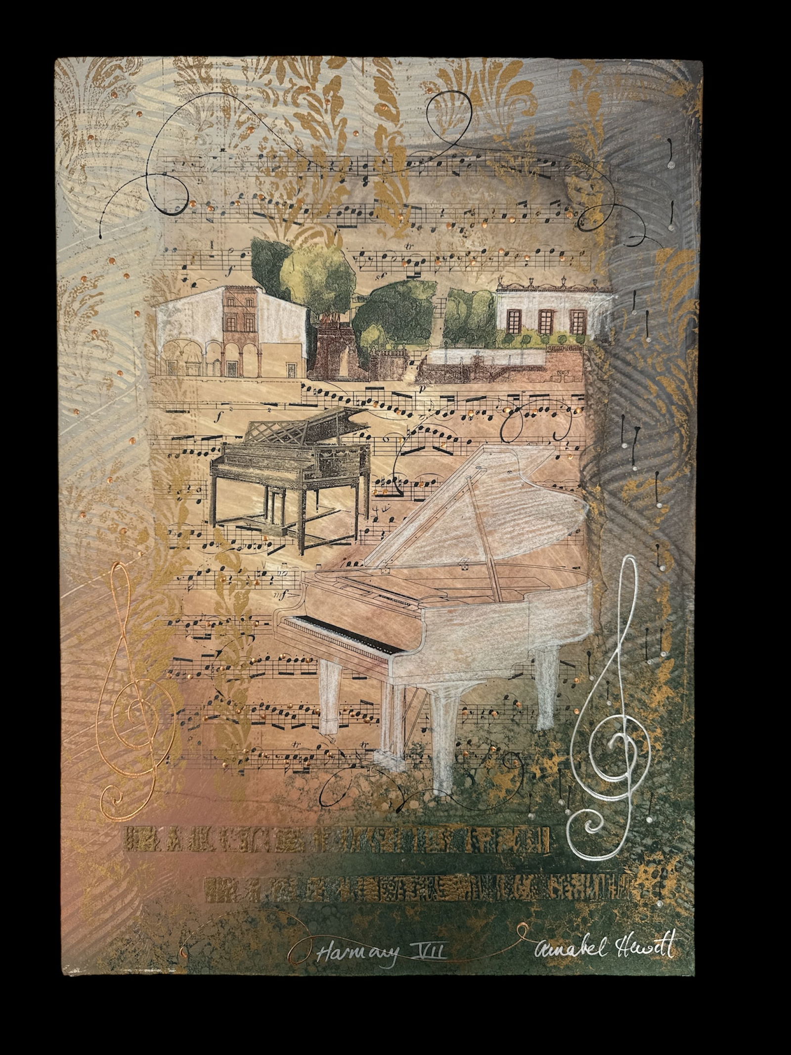 "Harmony VIII" by Anabel Hewitt (England, b.1946) Mixed Media on Paper: Anabel Hewitt, Harmony VIII, original mixed media on paper. Features pianos and musical notes. Hand signed lower right. Dimensions: H: 22 in, W: 15 in.