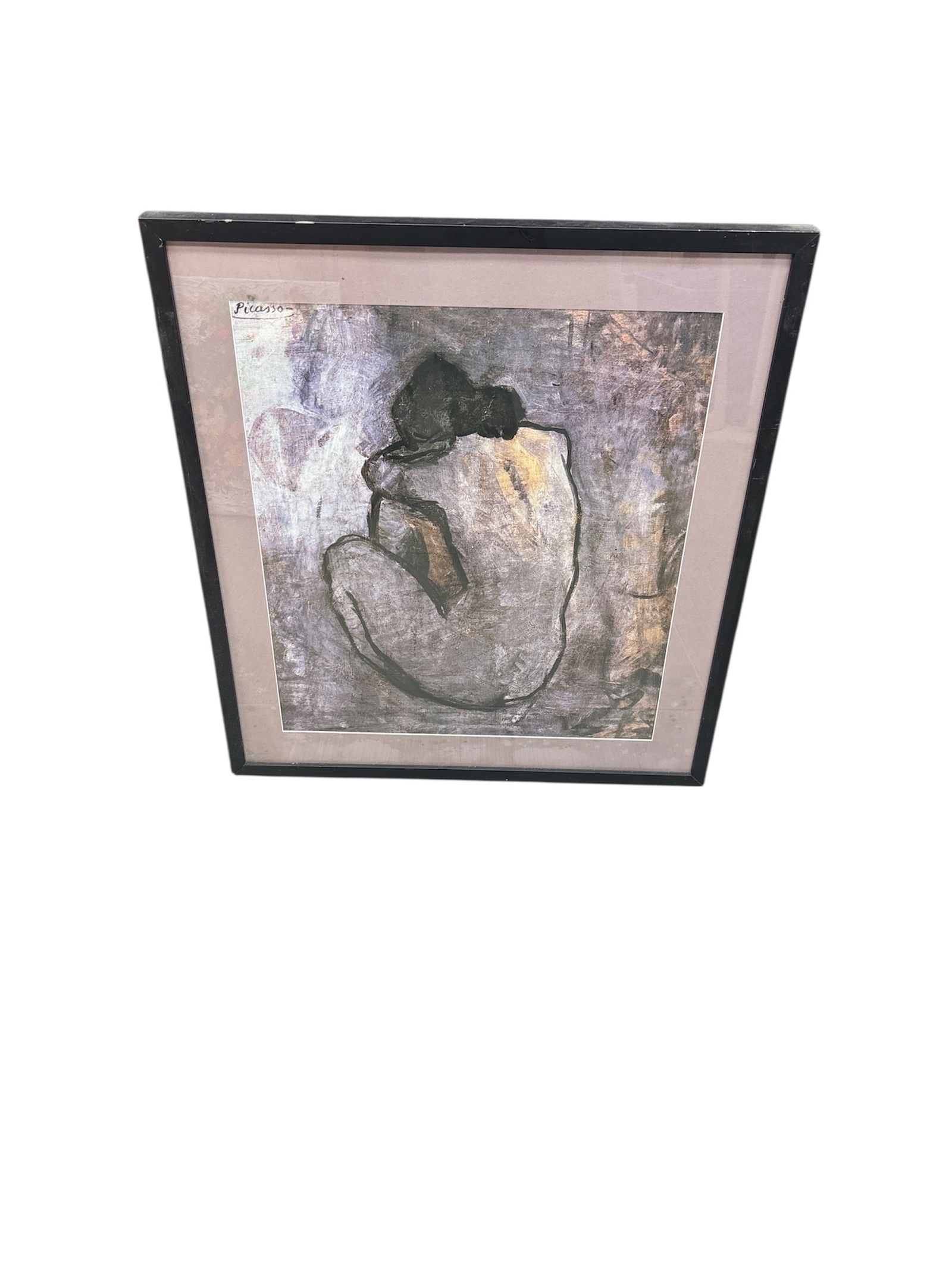 Vintage Framed Art Print: Pablo Picasso's "Crouching Woman" (La Miséreuse accroupie), Blue Period: DescriptionThis is a framed art print (likely a lithograph or giclée reproduction) of the famous 1902 oil painting Crouching Woman by the Spanish master Pablo