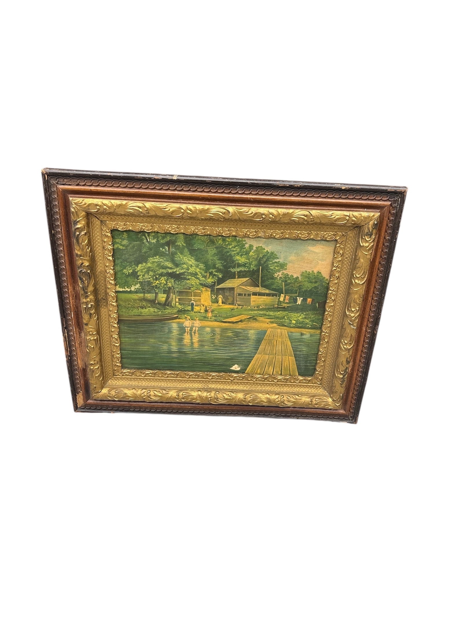 Vintage Framed Original Oil Painting | Rustic Lakeside Cabin & Dock Landscape: DescriptionThis is a charming, vintage original oil painting on canvas or board, professionally housed in an ornate, gold-toned frame [2.1, 2.2]. The artwork depicts a serene natural