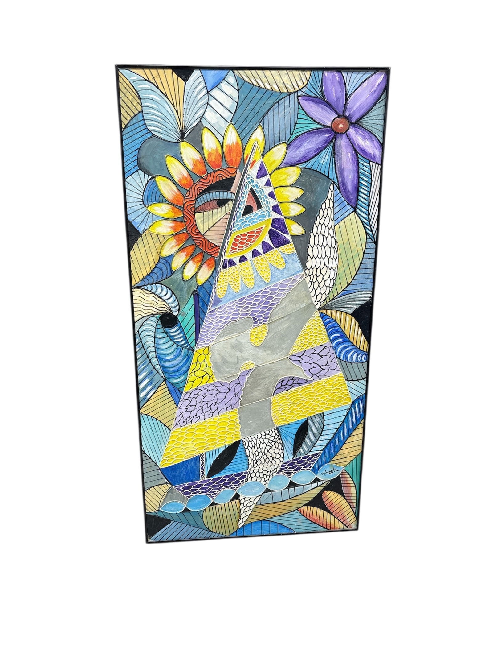 Sail Away - 3D Art, Manolo Nunez: This piecefeatures a bold geometric triangle set against a backdrop of stylized flowers and leaves. The piece incorporates a variety of patterns and bright colors, blending organic and geometric